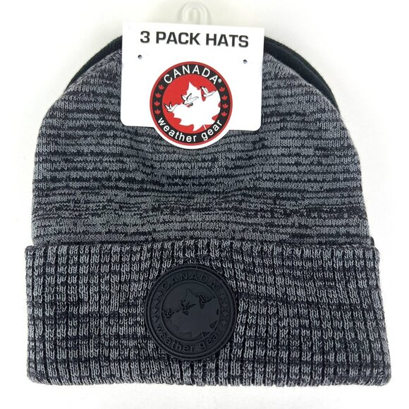 Canada Weather Gear Men's 3-Pack Knit Beanie Hats Black Dark Grey Light Grey NWT - Picture 1 of 11